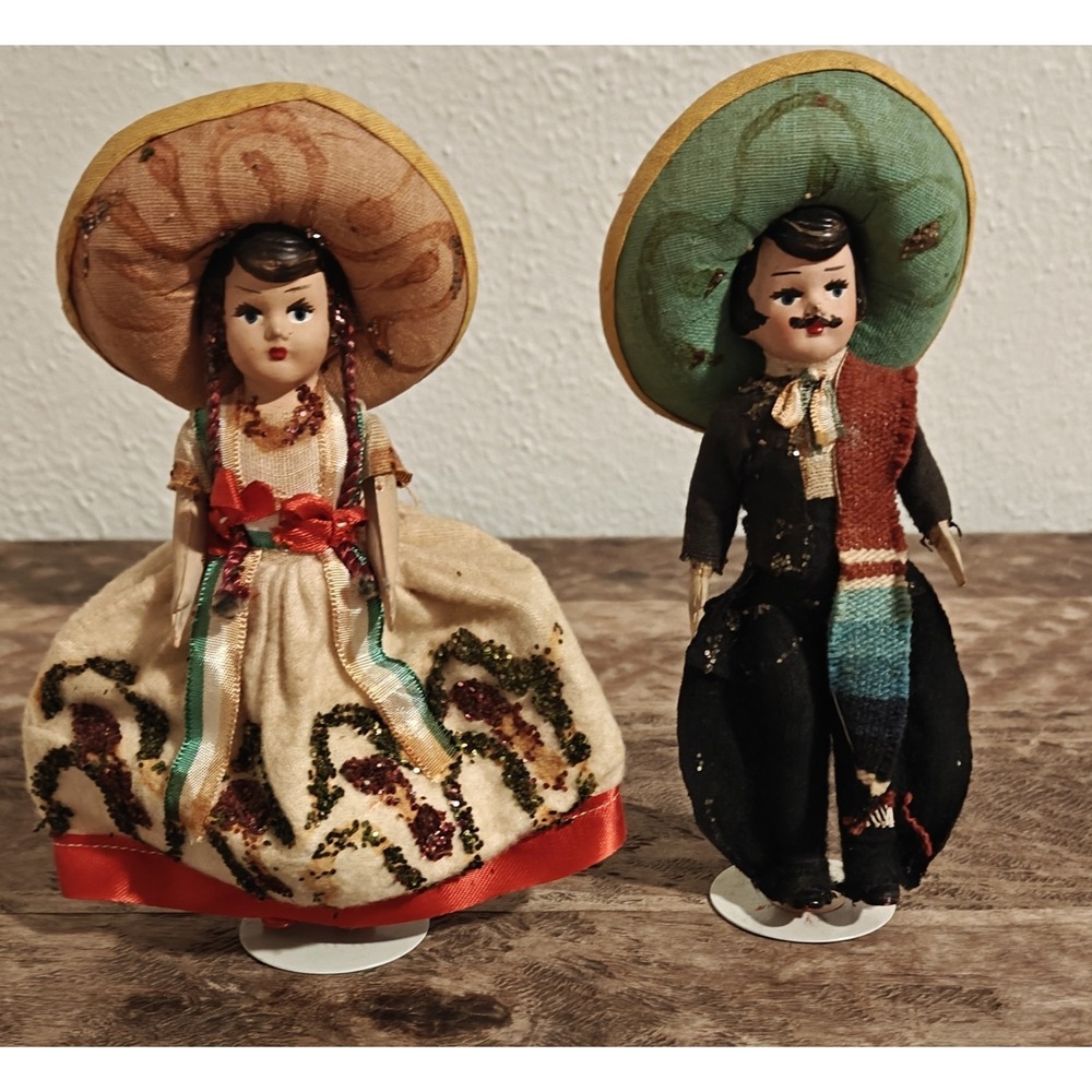 Set Of Two Vintage Kaiser Chicago Mexican Themed  Couple Dolls On Stands